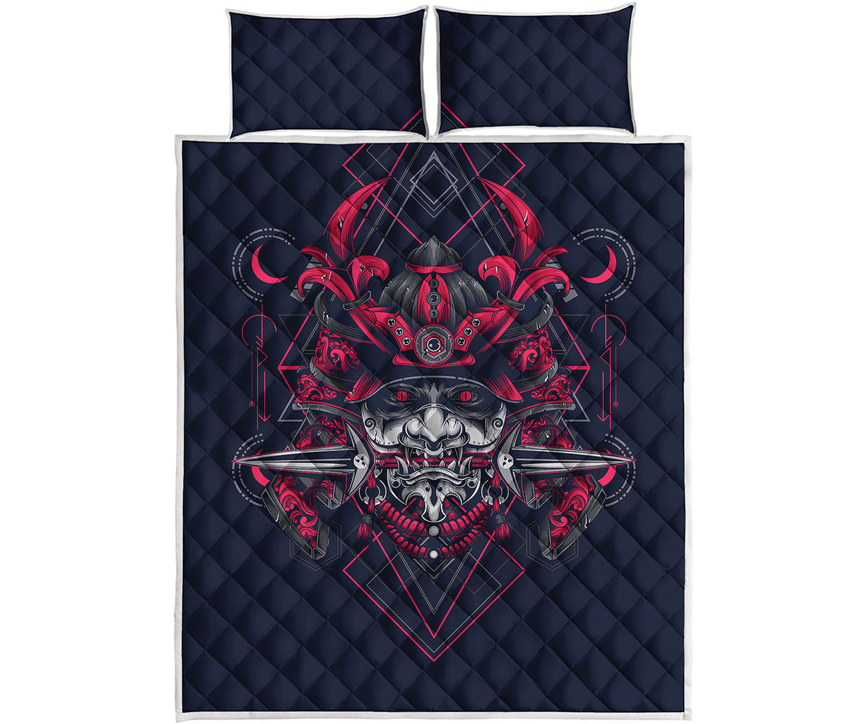 Geometric Samurai Mask Print Quilt Bed Set