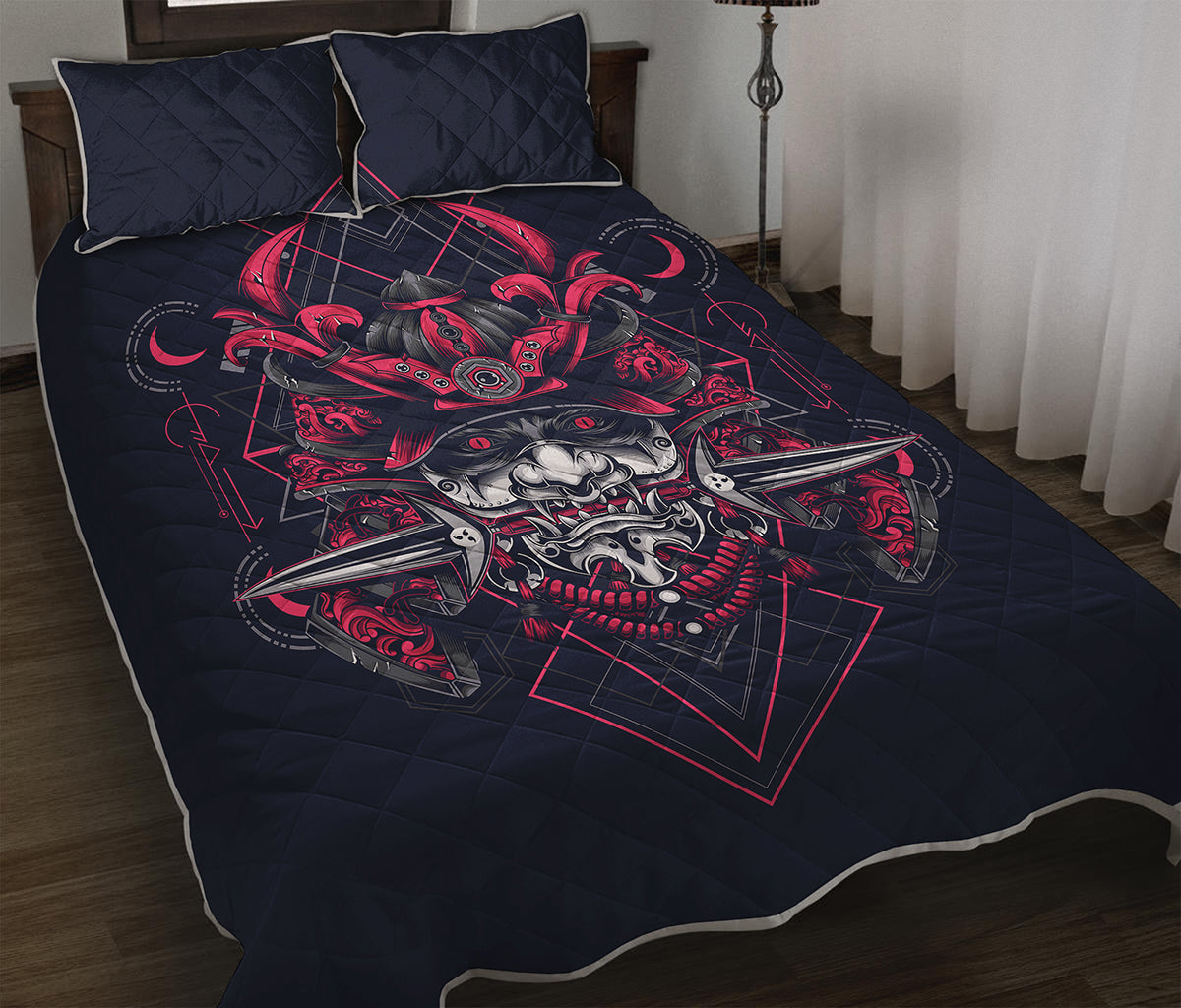 Geometric Samurai Mask Print Quilt Bed Set