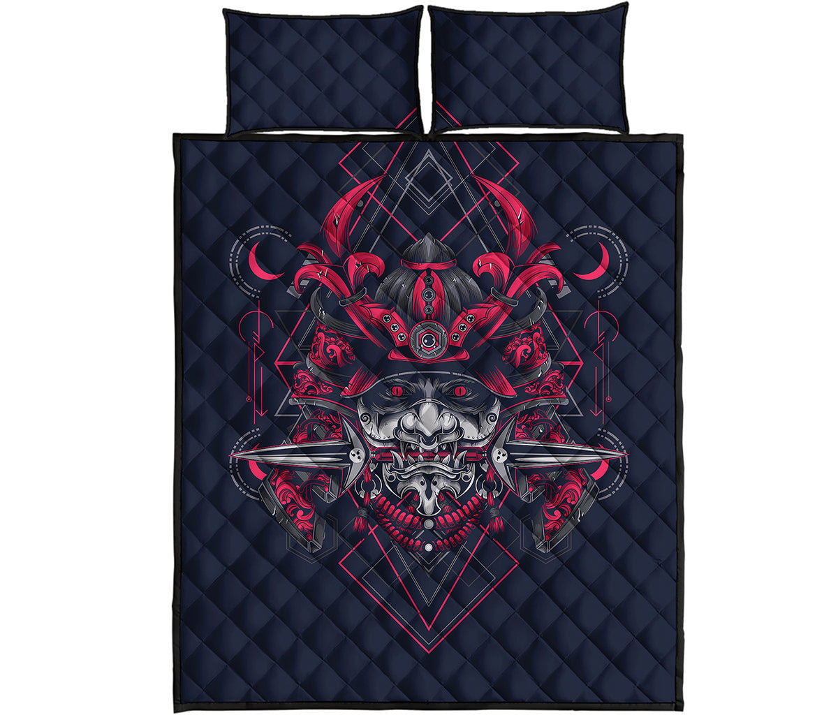 Geometric Samurai Mask Print Quilt Bed Set