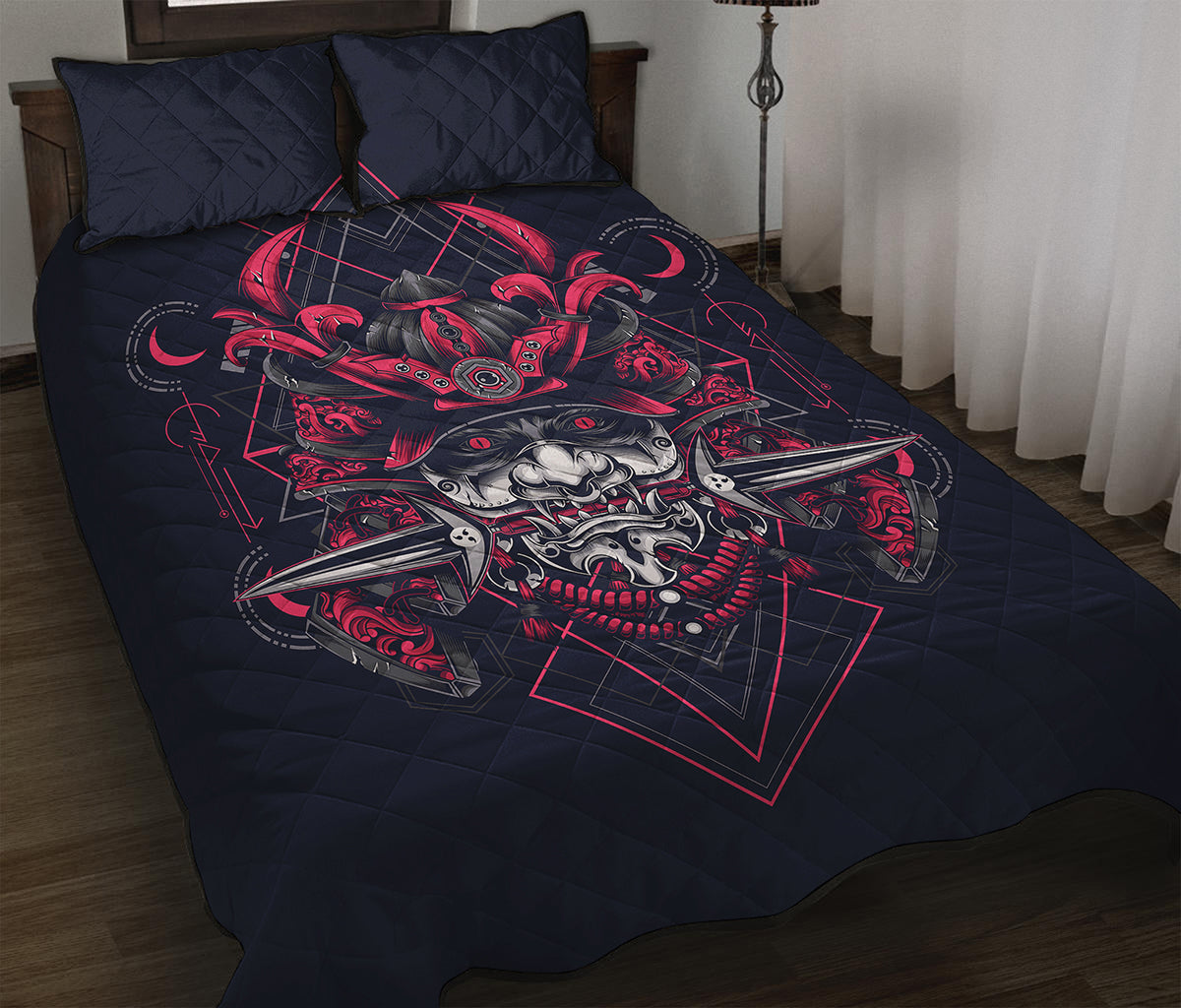 Geometric Samurai Mask Print Quilt Bed Set