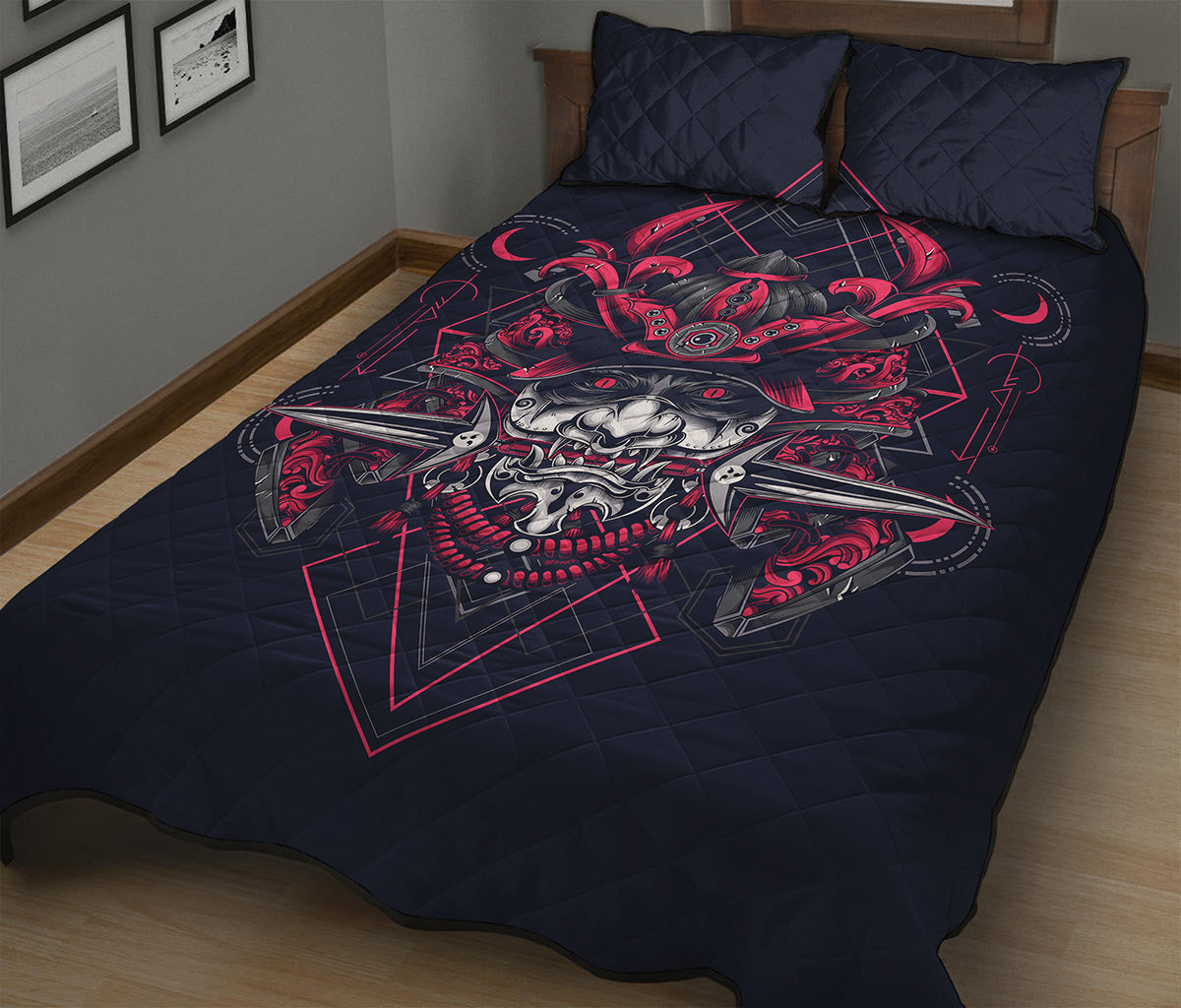 Geometric Samurai Mask Print Quilt Bed Set