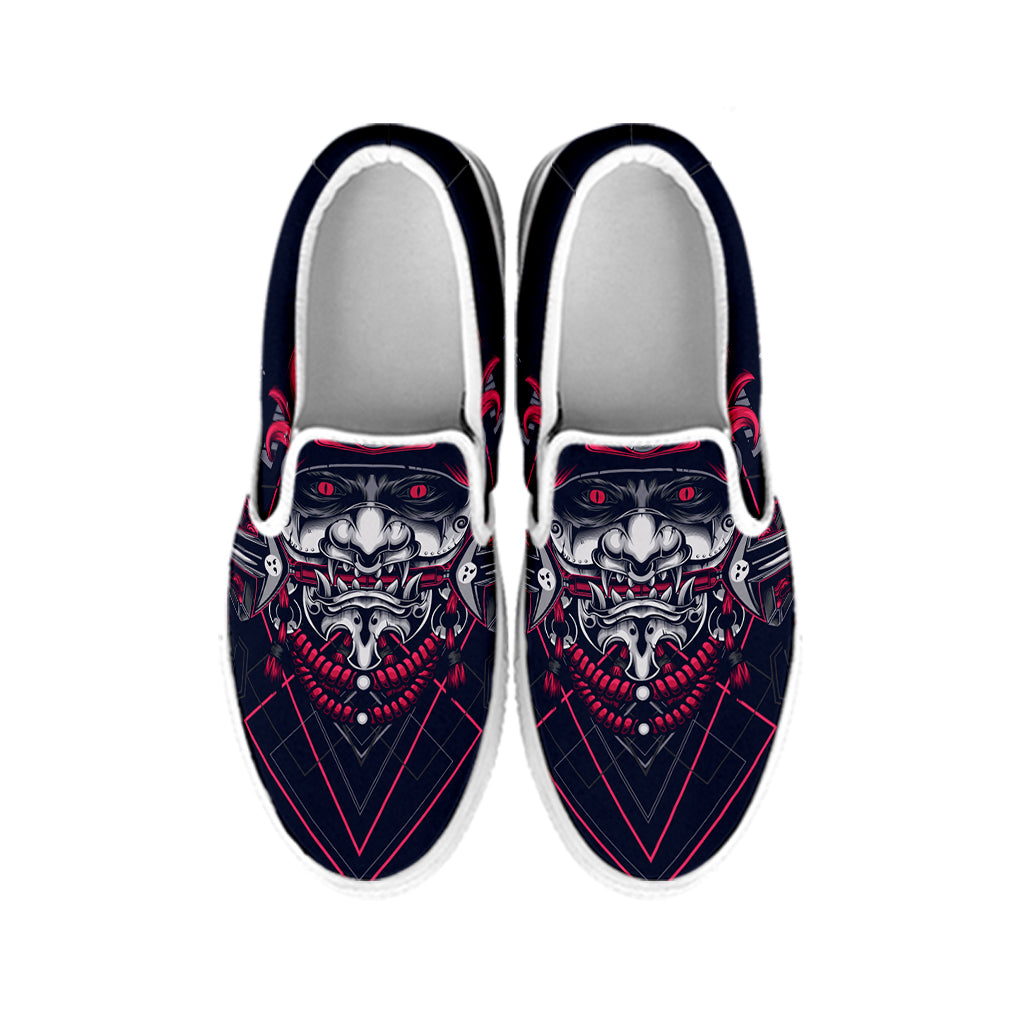 Geometric Samurai Mask Print White Slip On Shoes