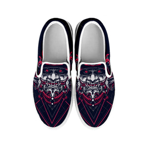 Geometric Samurai Mask Print White Slip On Shoes