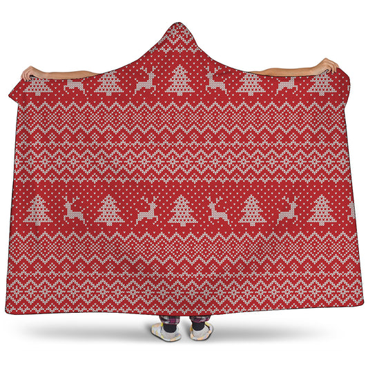 Geometric Xmas Knitted Pattern Print Hooded Blanket