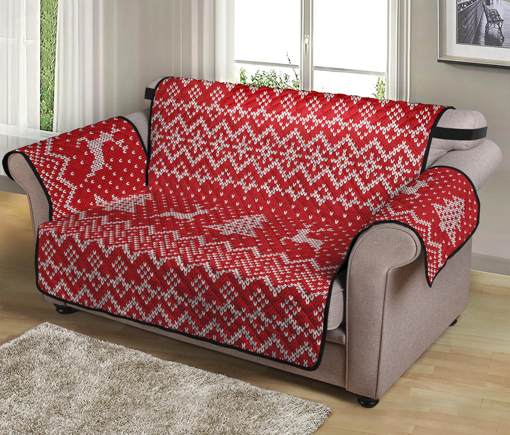 Geometric Xmas Knitted Pattern Print Loveseat Protector