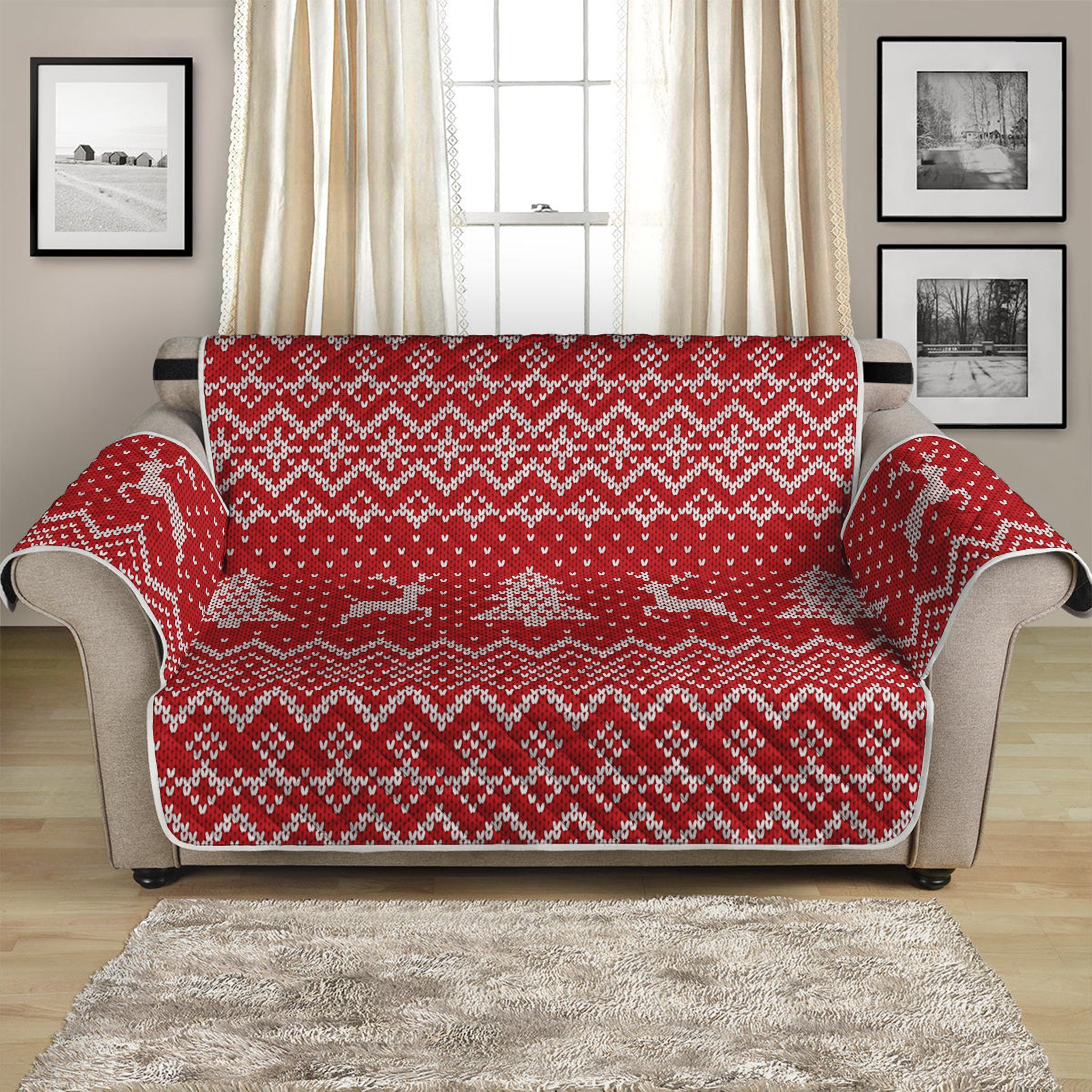 Geometric Xmas Knitted Pattern Print Loveseat Protector