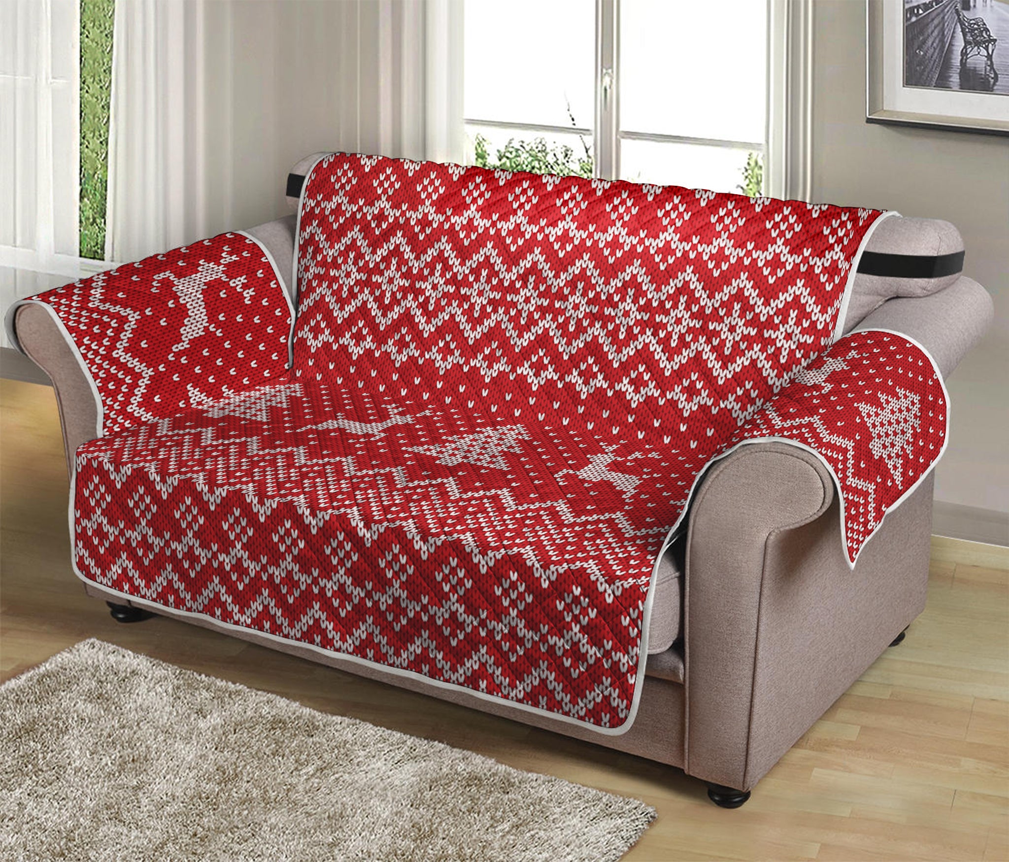 Geometric Xmas Knitted Pattern Print Loveseat Protector