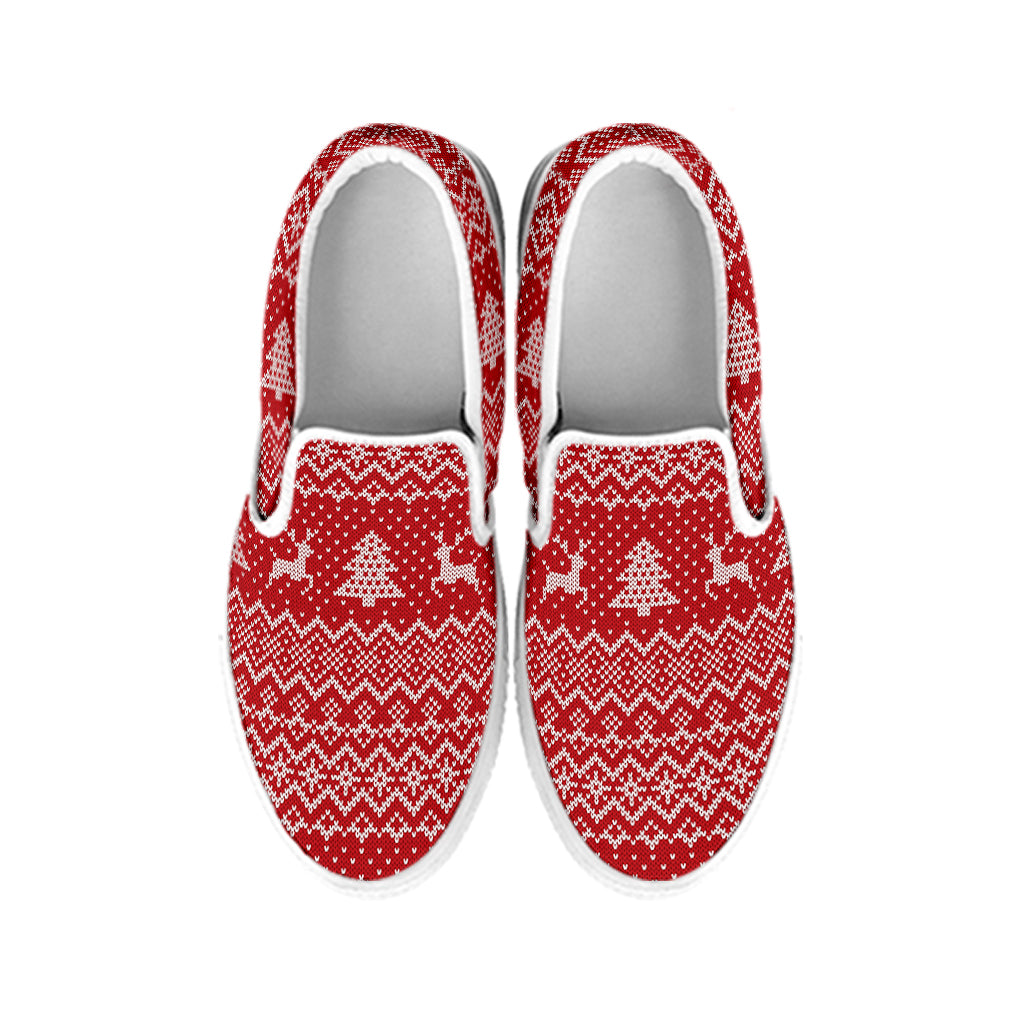 Geometric Xmas Knitted Pattern Print White Slip On Shoes