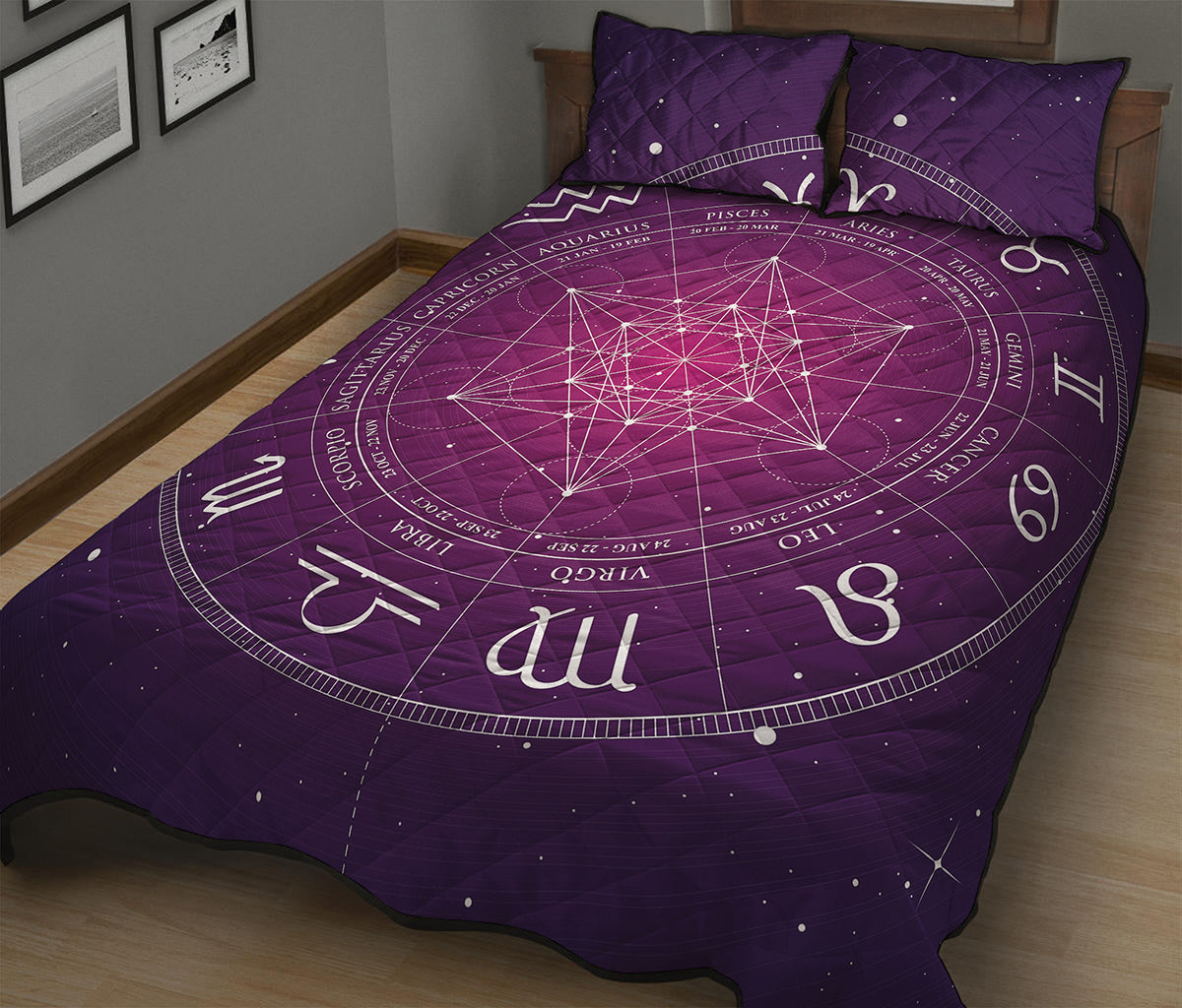 Geometric Zodiac Calendar Print Quilt Bed Set