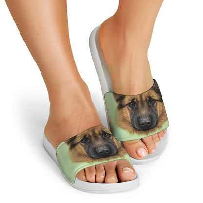 German Shepherd Dog Portrait Print White Slide Sandals