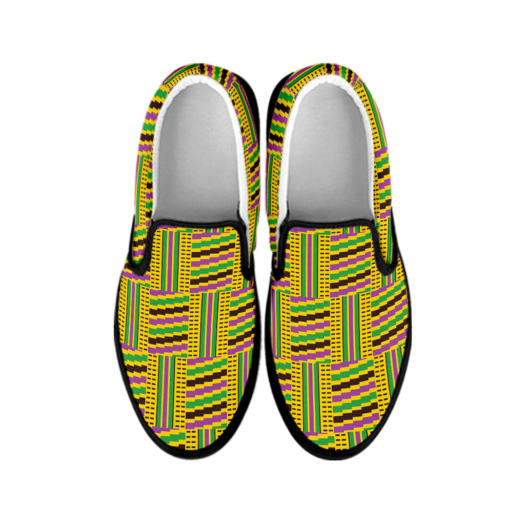 Ghana Kente Pattern Print Black Slip On Shoes