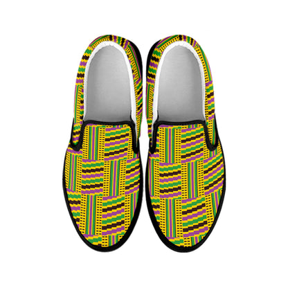 Ghana Kente Pattern Print Black Slip On Shoes