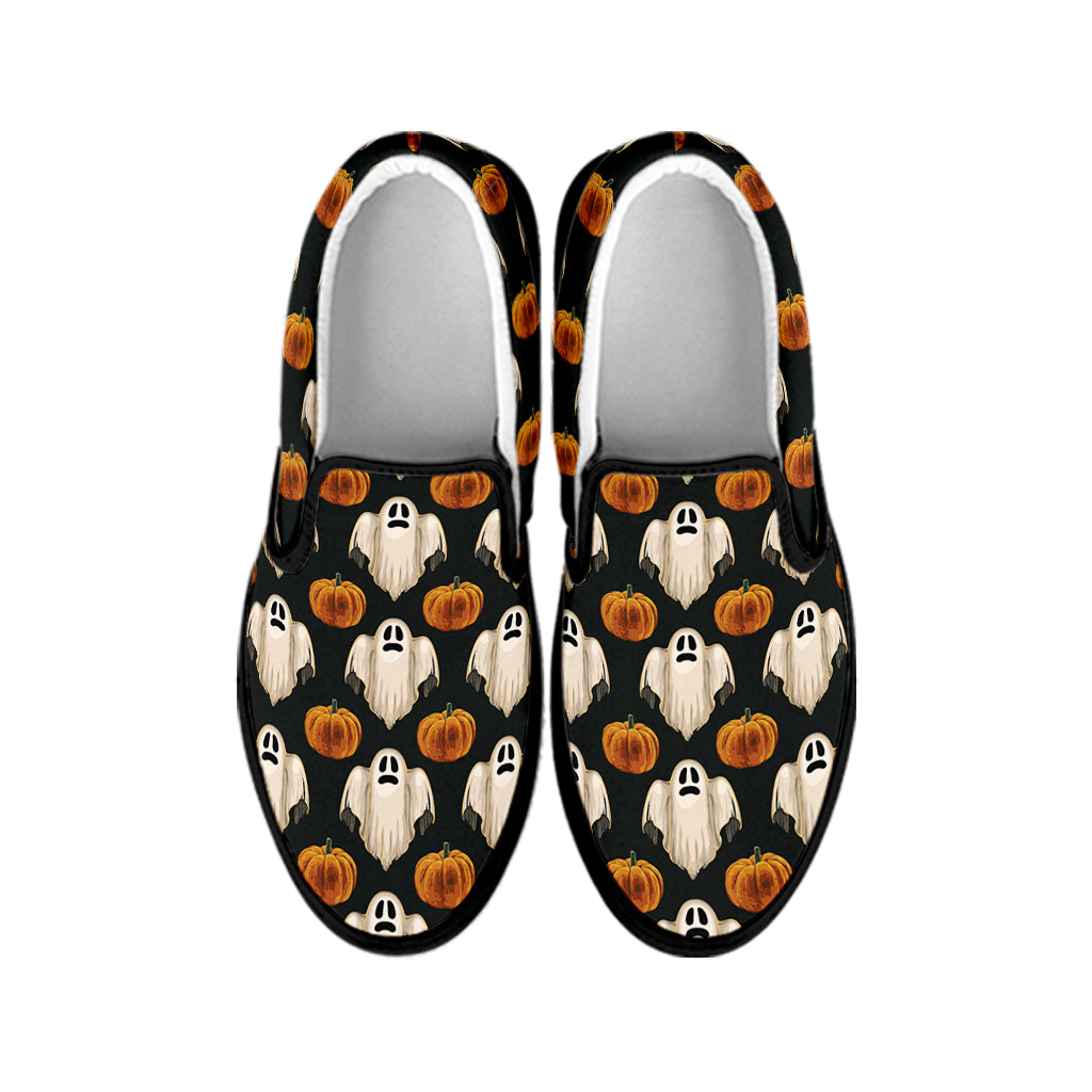 Ghost And Pumpkin Pattern Print Black Slip On Shoes