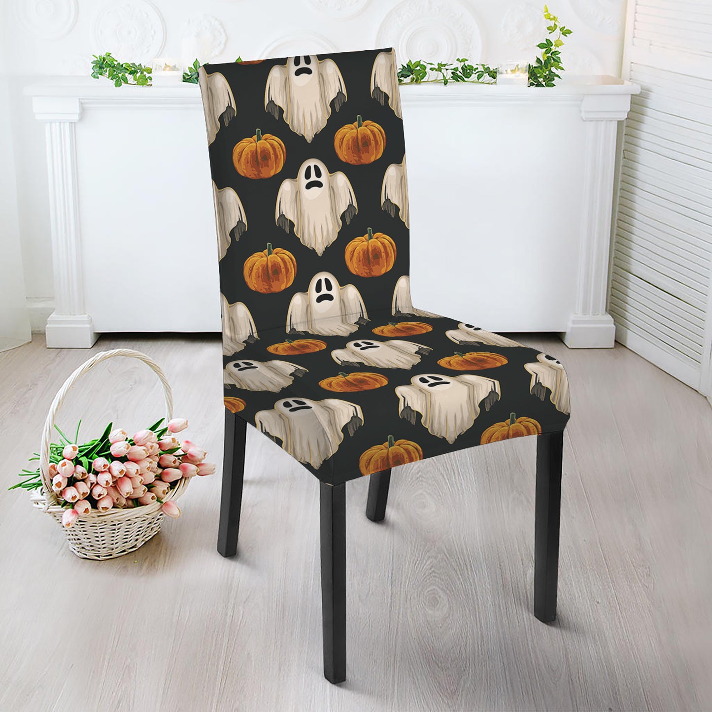 Ghost And Pumpkin Pattern Print Dining Chair Slipcover