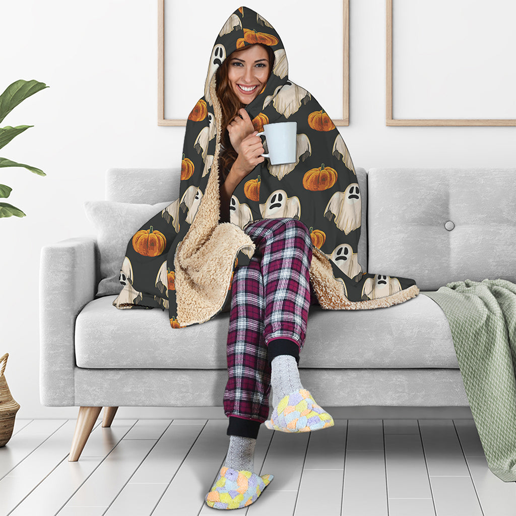 Ghost And Pumpkin Pattern Print Hooded Blanket