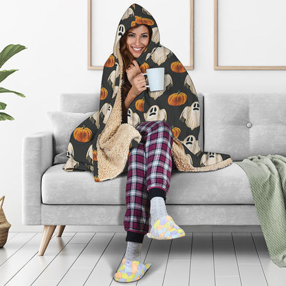 Ghost And Pumpkin Pattern Print Hooded Blanket