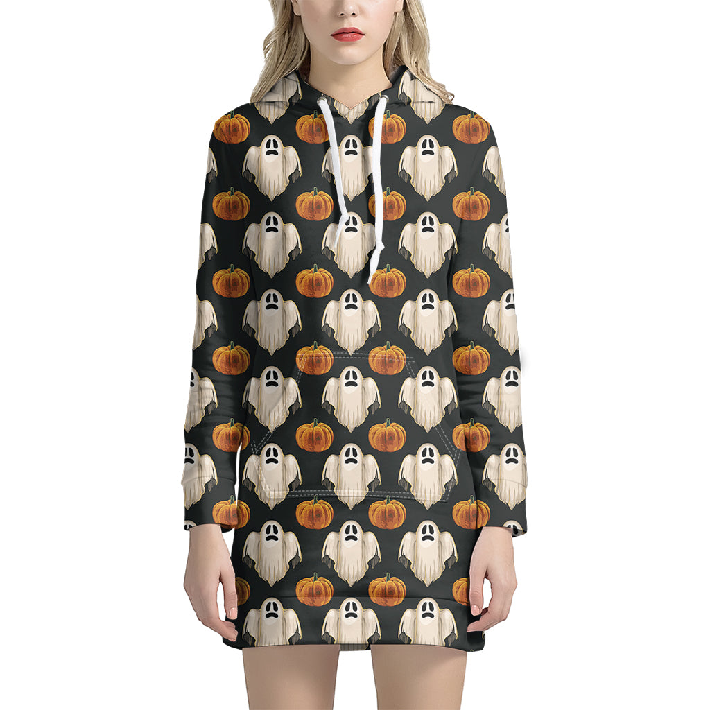 Ghost And Pumpkin Pattern Print Hoodie Dress