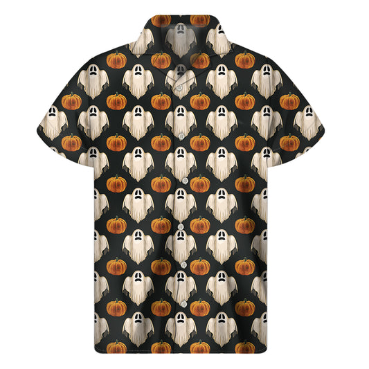 Ghost And Pumpkin Pattern Print Men's Short Sleeve Shirt