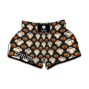 Ghost And Pumpkin Pattern Print Muay Thai Boxing Shorts