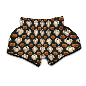 Ghost And Pumpkin Pattern Print Muay Thai Boxing Shorts