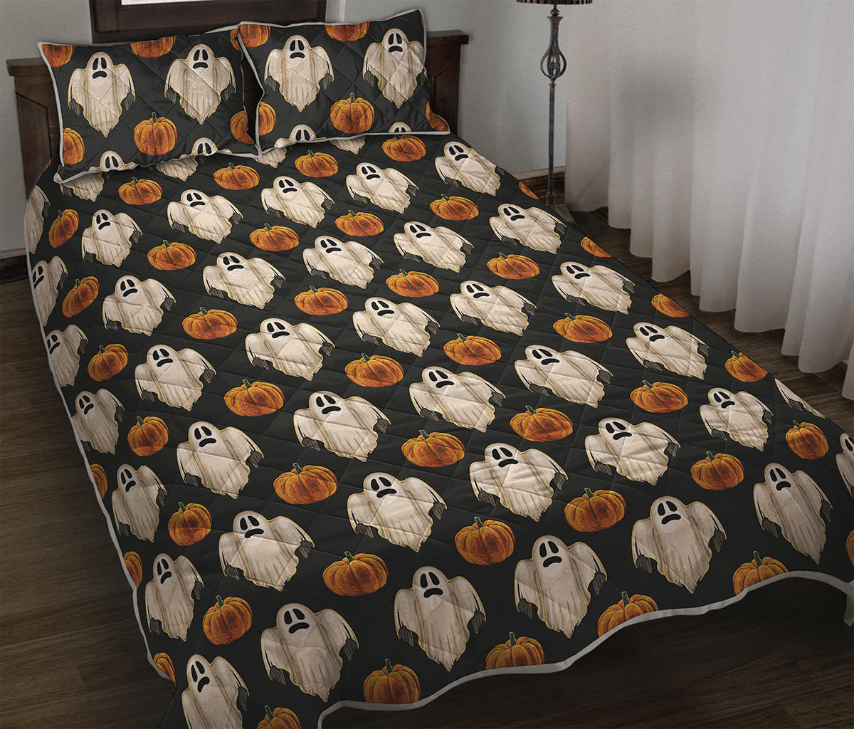 Ghost And Pumpkin Pattern Print Quilt Bed Set