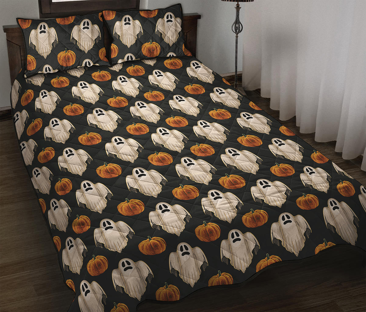 Ghost And Pumpkin Pattern Print Quilt Bed Set