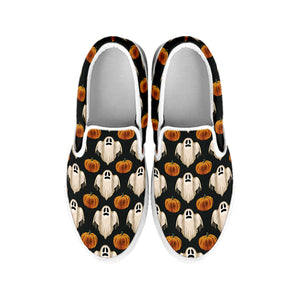 Ghost And Pumpkin Pattern Print White Slip On Shoes