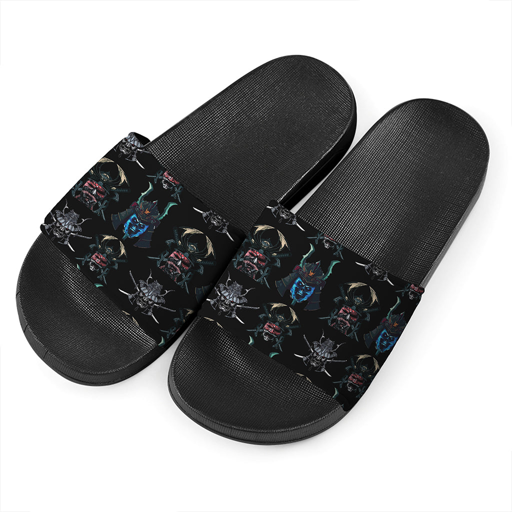 Ghost Samurai Mask Pattern Print Black Slide Sandals