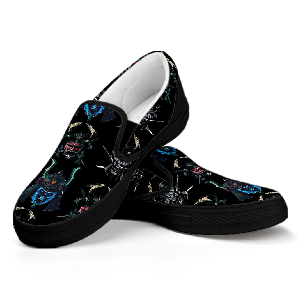 Ghost Samurai Mask Pattern Print Black Slip On Shoes