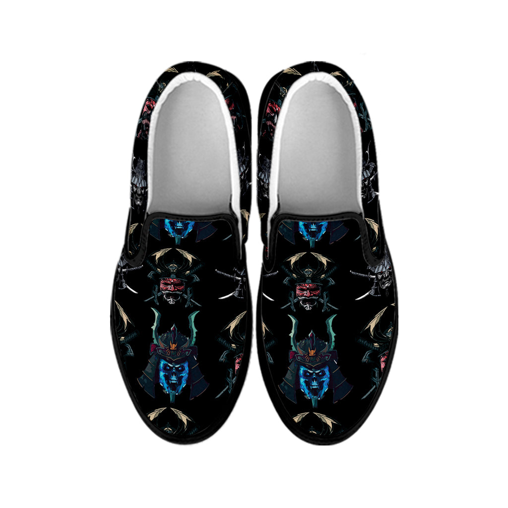 Ghost Samurai Mask Pattern Print Black Slip On Shoes