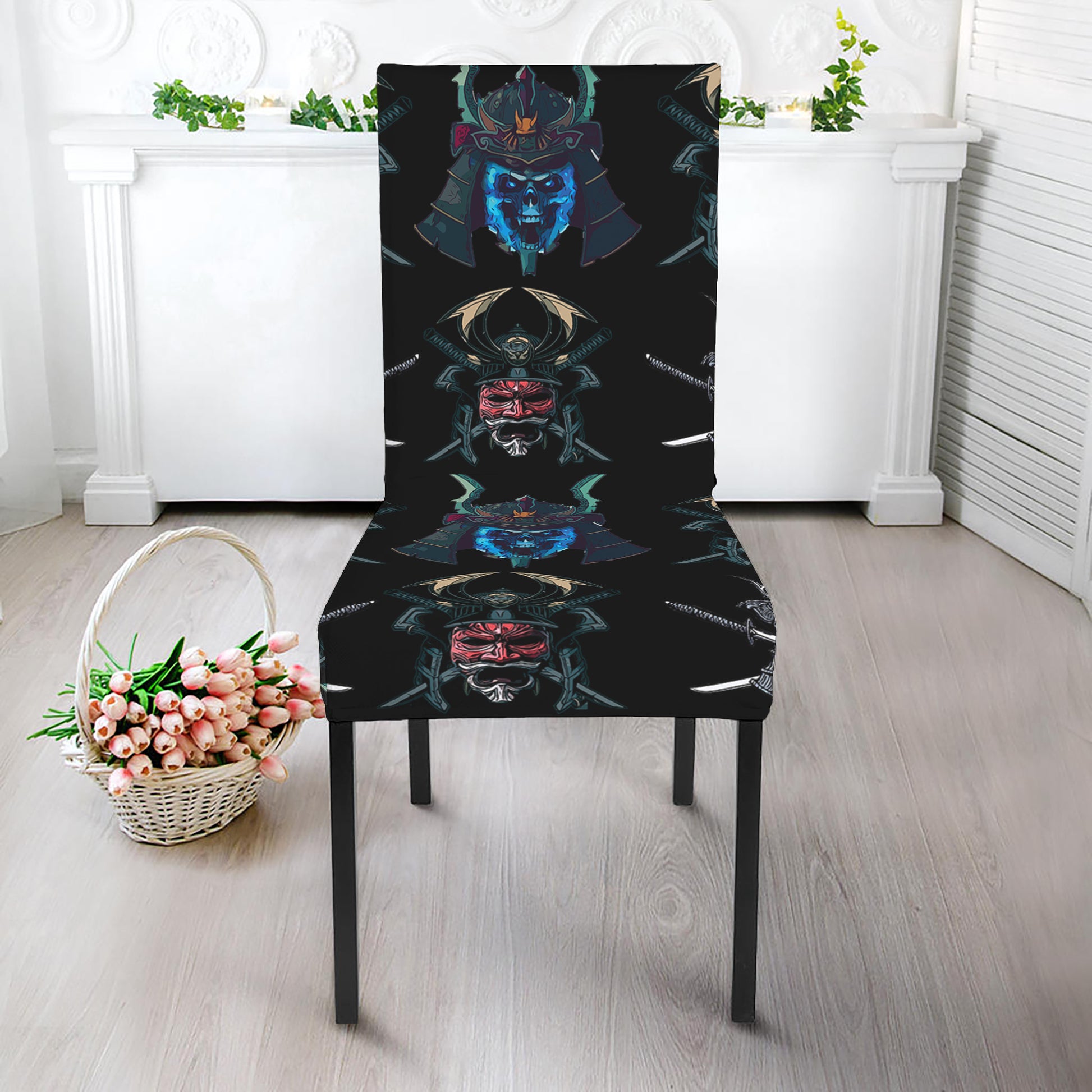 Ghost Samurai Mask Pattern Print Dining Chair Slipcover