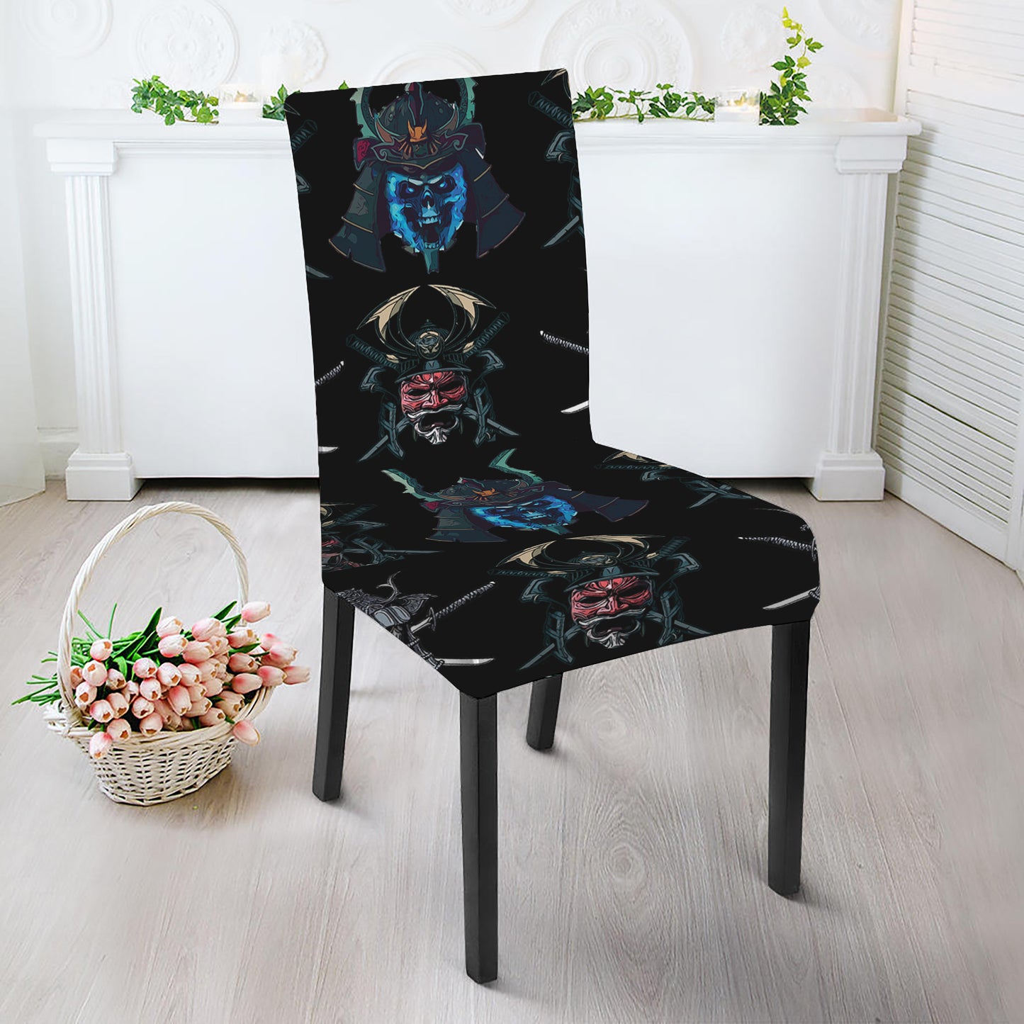 Ghost Samurai Mask Pattern Print Dining Chair Slipcover