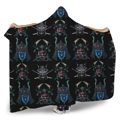 Ghost Samurai Mask Pattern Print Hooded Blanket