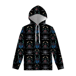 Ghost Samurai Mask Pattern Print Pullover Hoodie