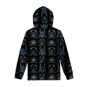 Ghost Samurai Mask Pattern Print Pullover Hoodie