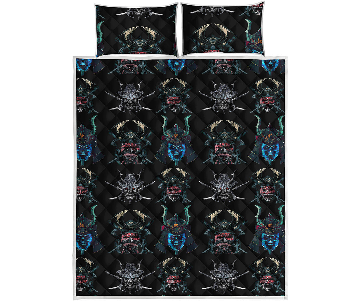 Ghost Samurai Mask Pattern Print Quilt Bed Set