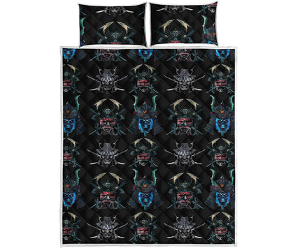 Ghost Samurai Mask Pattern Print Quilt Bed Set