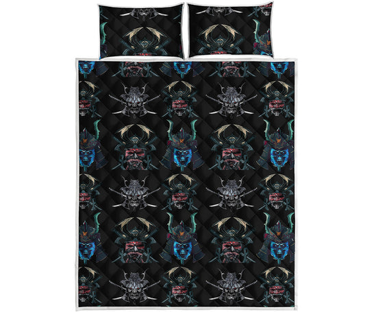 Ghost Samurai Mask Pattern Print Quilt Bed Set