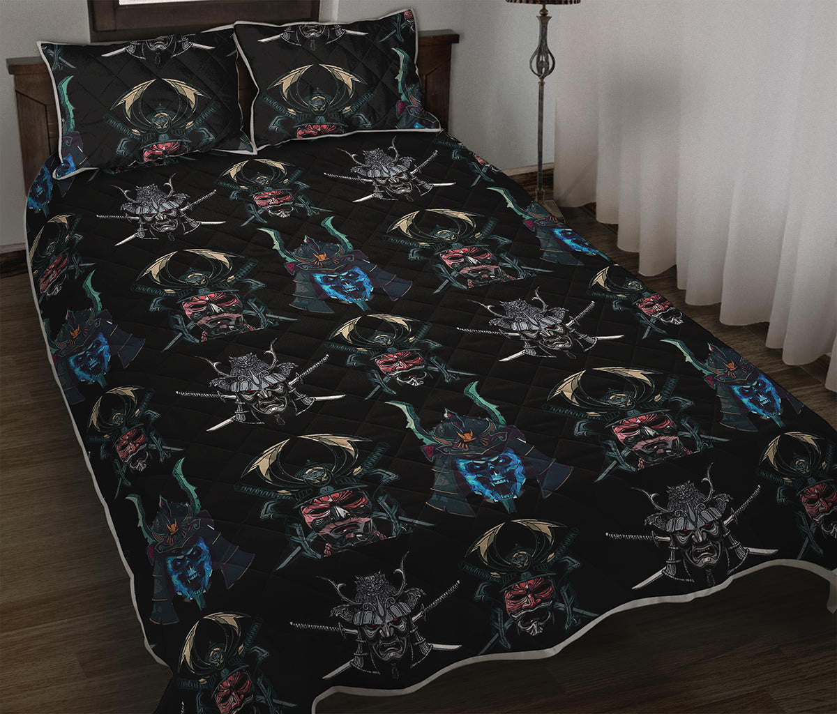 Ghost Samurai Mask Pattern Print Quilt Bed Set