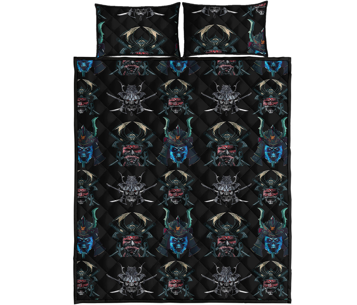 Ghost Samurai Mask Pattern Print Quilt Bed Set