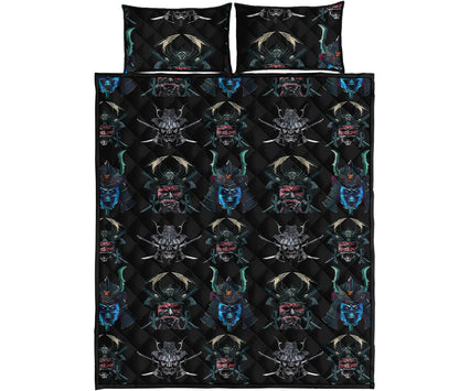 Ghost Samurai Mask Pattern Print Quilt Bed Set