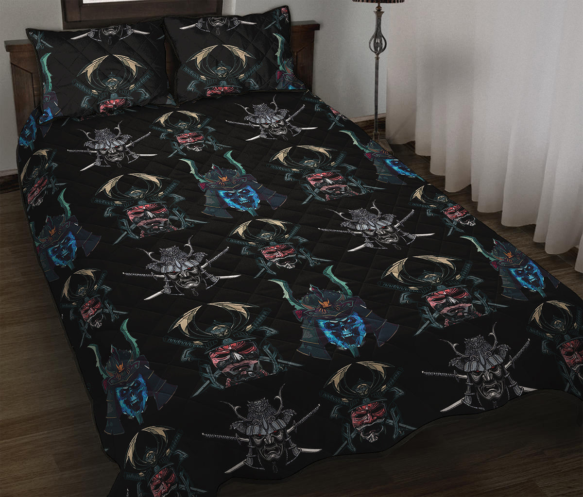 Ghost Samurai Mask Pattern Print Quilt Bed Set