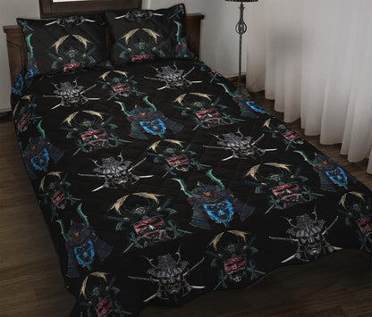 Ghost Samurai Mask Pattern Print Quilt Bed Set