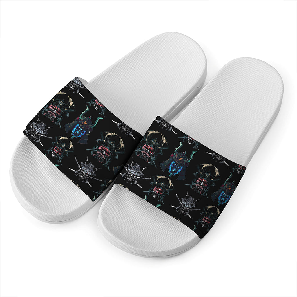 Ghost Samurai Mask Pattern Print White Slide Sandals