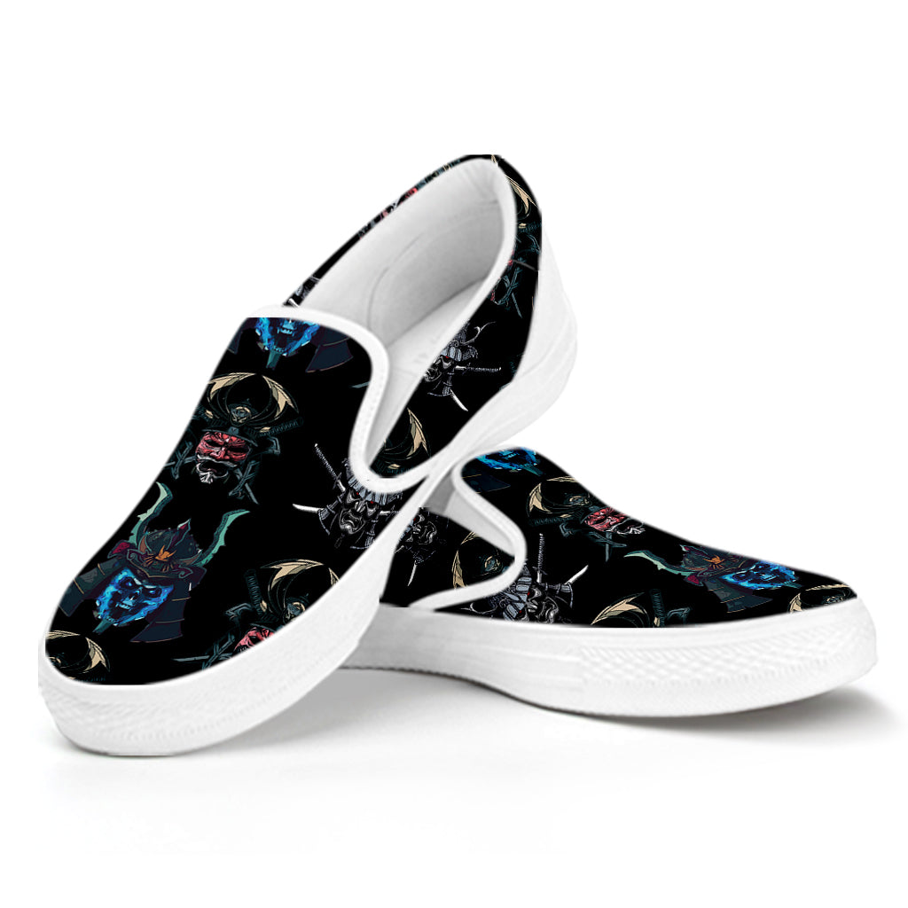 Ghost Samurai Mask Pattern Print White Slip On Shoes