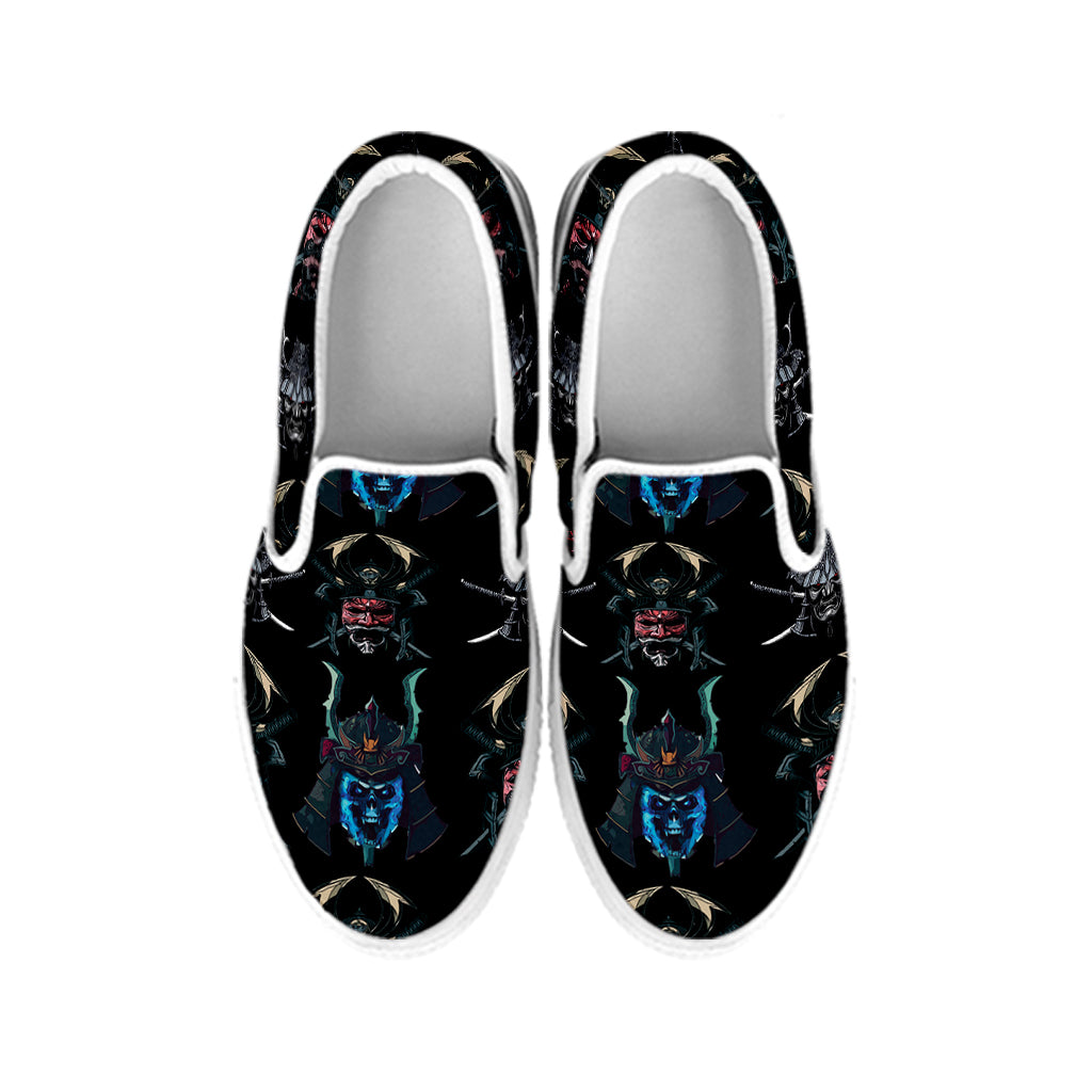 Ghost Samurai Mask Pattern Print White Slip On Shoes