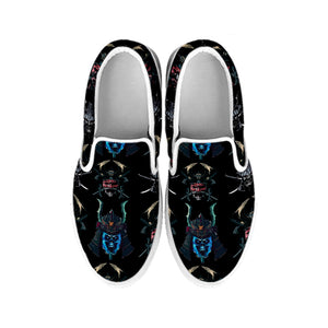 Ghost Samurai Mask Pattern Print White Slip On Shoes