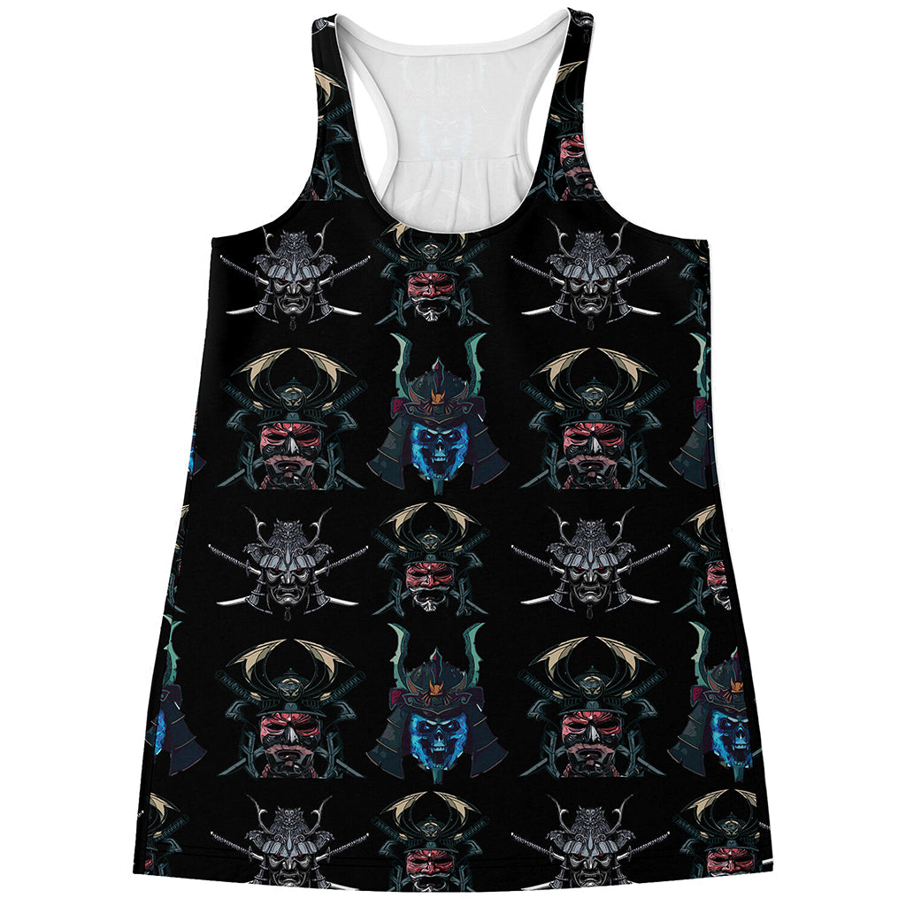 Ghost Samurai Mask Pattern Print Women's Racerback Tank Top