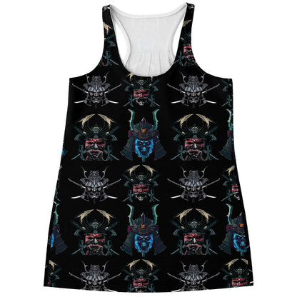 Ghost Samurai Mask Pattern Print Women's Racerback Tank Top