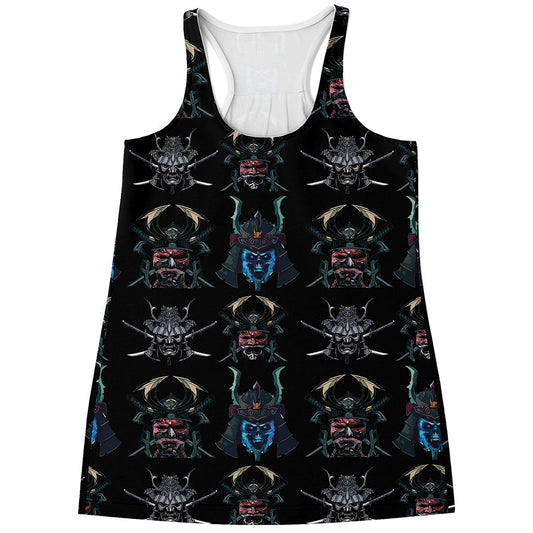 Ghost Samurai Mask Pattern Print Women's Racerback Tank Top